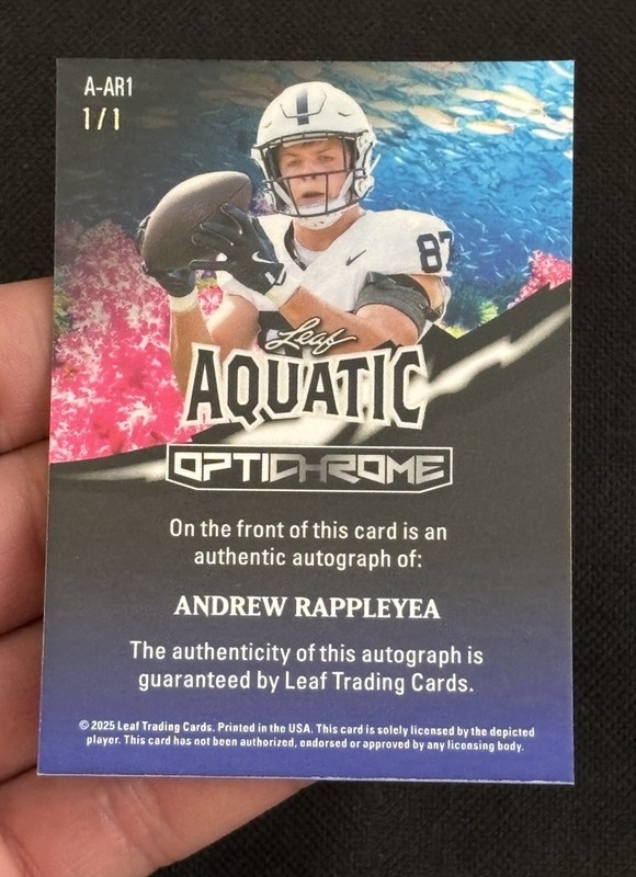Andrew Rappleyea Auto 1/1 Aquatic - 2025 Leaf Optichrome Football A-AR1 view 2