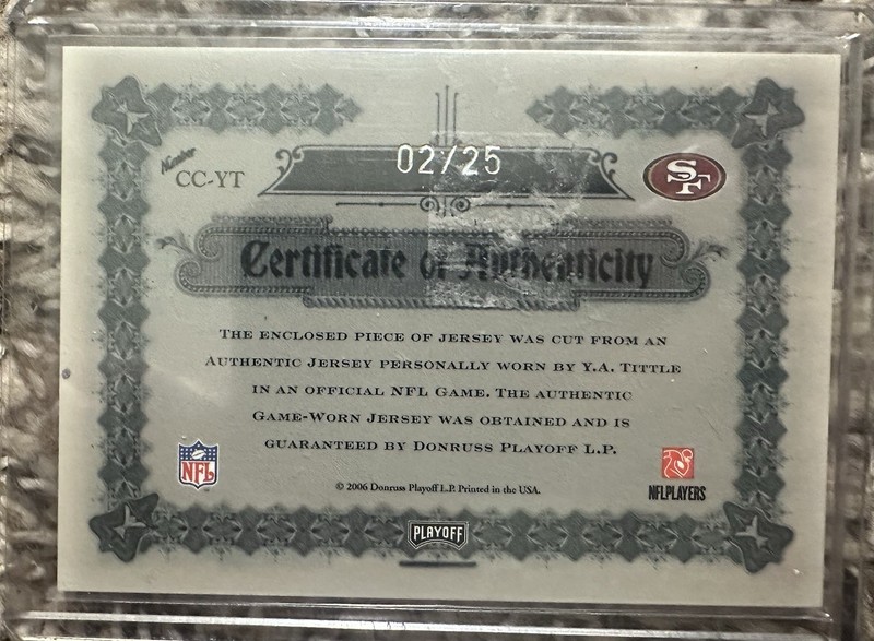 2006 National Treasures Football Y.A. Tittle Game Used Jersey Auto #2/25 49ers view 2