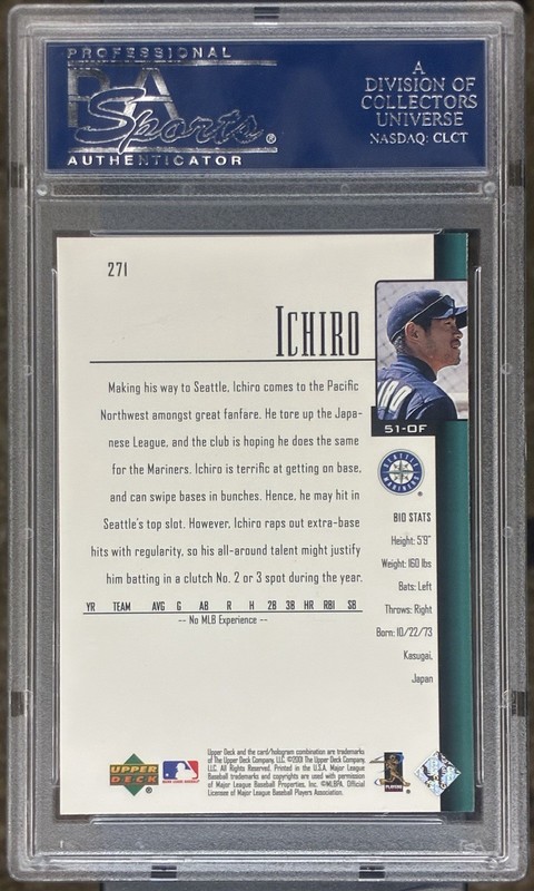 2001 Upper Deck Ichiro Suzuki Rookie Mariners #271 PSA 9 Mint view 2