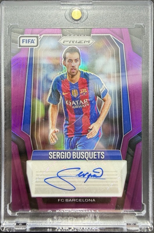 2025-26 Panini Prizm FIFA Sergio Busquets Signatures Purple Auto Jersey # 5/10
