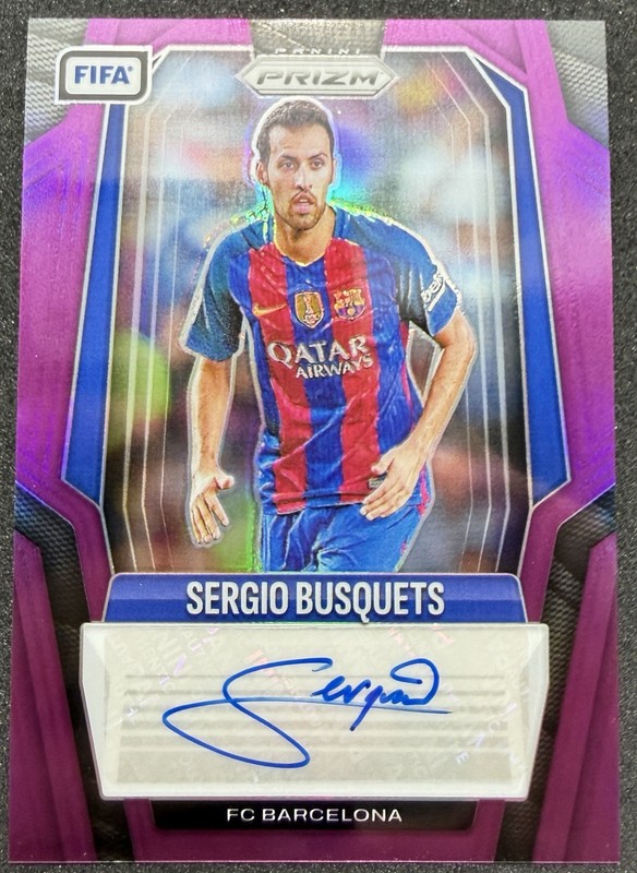 2025-26 Panini Prizm FIFA Sergio Busquets Signatures Purple Auto Jersey # 5/10 view 2