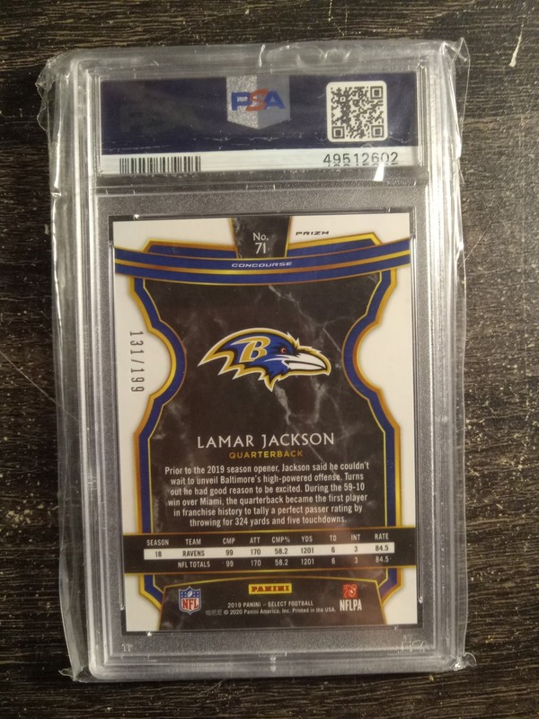 2019 Panini Select Lamar Jackson Tri-Color Prizm /199 PSA 10 GEM MINT Ravens view 2