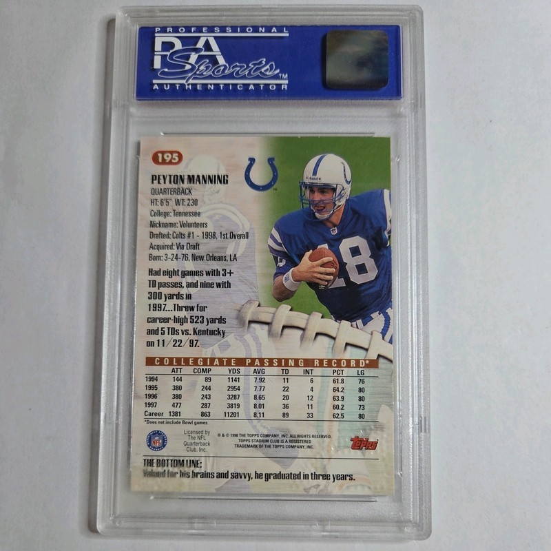 1998 TOPPS STADIUM CLUB #195 PEYTON MANNING ROOKIE RC PSA 9 Colts HOF 🔥 view 2