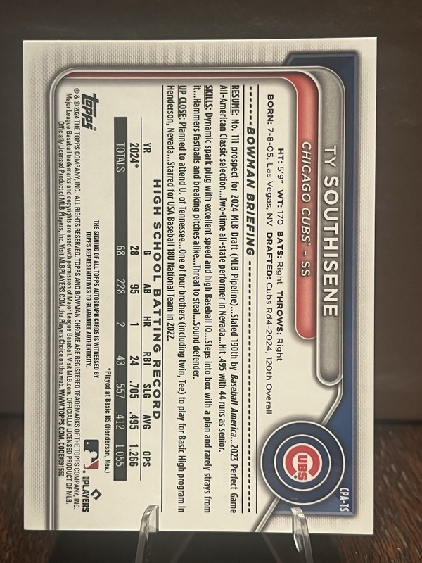 2024 Bowman Chrome Baseball Ty Southisene 1st Bowman Purple Refractor Auto /250  view 2