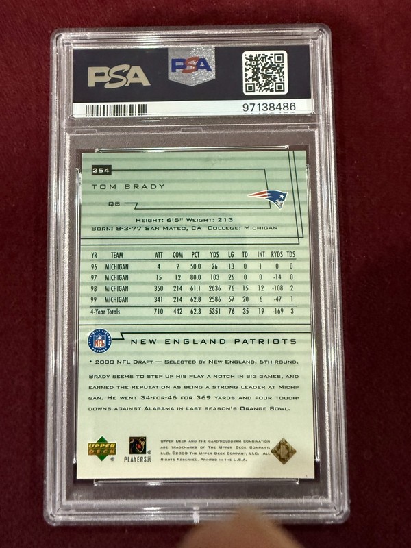 Tom Brady 2000 Upper Deck Encore Auto Rookie Card PSA/DNA 10 Auto Grade view 2