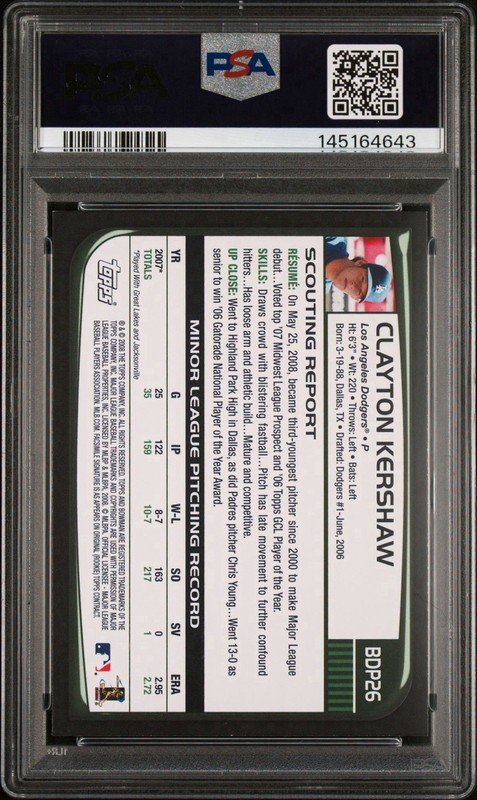 2008 Bowman Draft Clayton Kershaw Rookie #BDP26 PSA 9 view 2