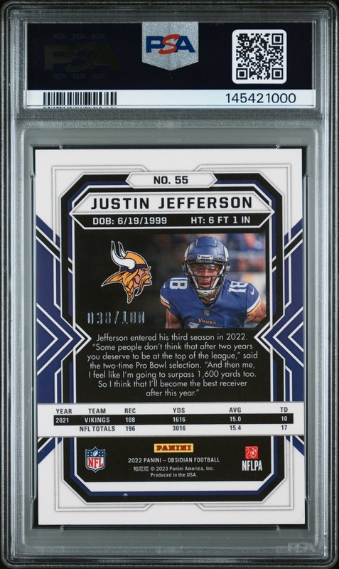PSA 8.5 Justin Jefferson 2022 Panini Obsidian Electric Etch Purple #55 /100 view 2