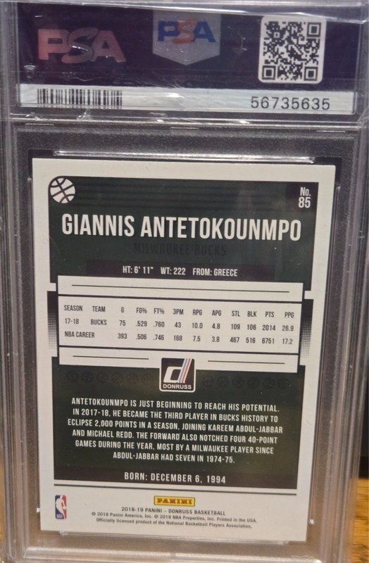 Giannis Antetokounmpo 2018 Panini Donruss #85 PSA 10 GEM view 2