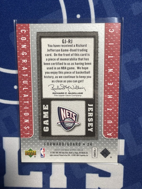 2007-08 Upper Deck Game Jersey Richard Jefferson #GJ-RJ (MEM) Game Used Nets view 2