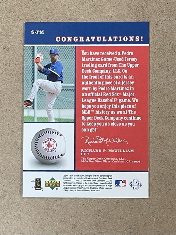 2002 UPPER DECK SWEET SPOT SWATCHES (GAME USED JERSEY) #S-PM PEDRO MARTINEZ view 2
