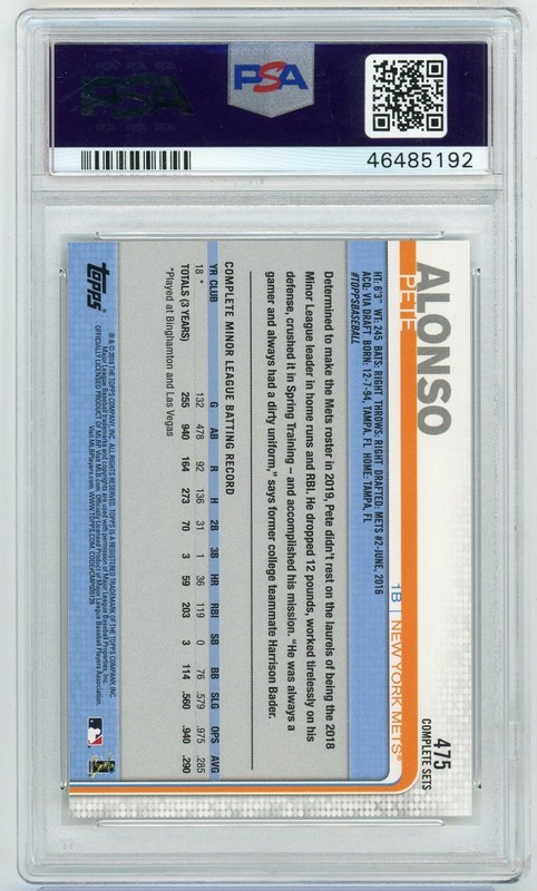 PSA 10 - 2019 Topps Complete Set Variation Rookie - Pete Alonso No Sock Showing view 2