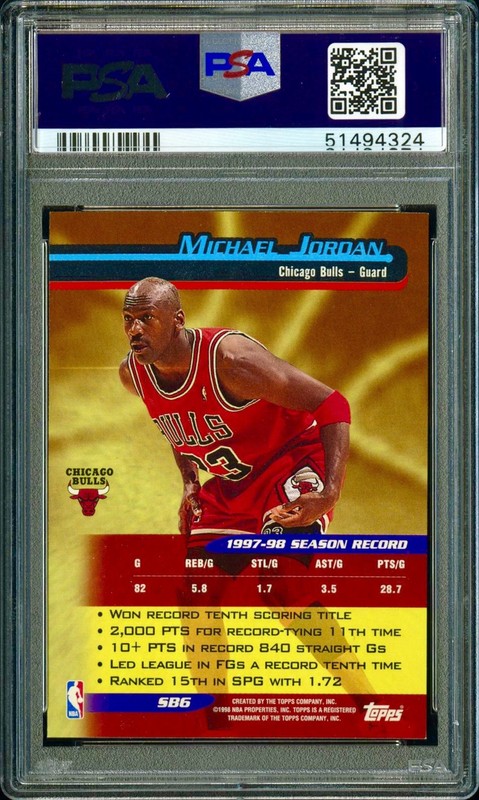 Michael Jordan 1998 Topps Season’s Best #SB6 Bombarders PSA 7 NM Bulls HOF SP view 2