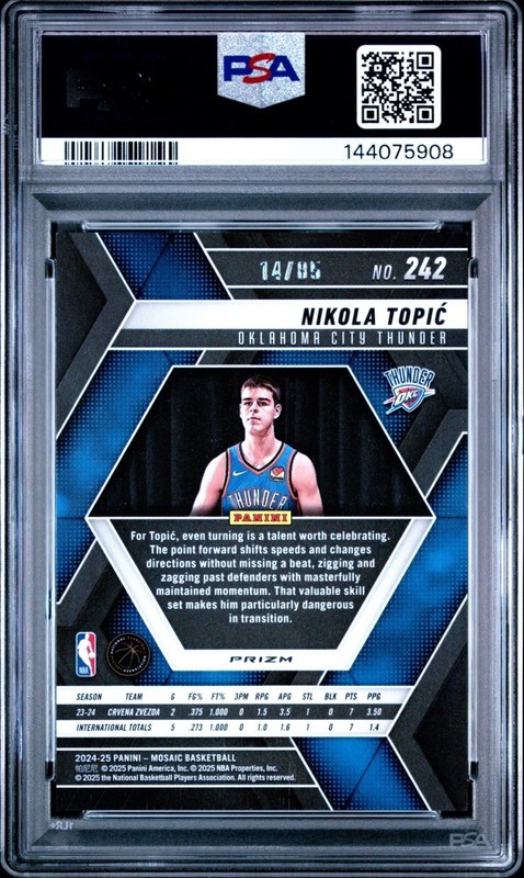 2024-25 Panini Mosaic Rookies Nikola Topic Fast Break Blue Mosaic PSA 10 Pop 1 view 2