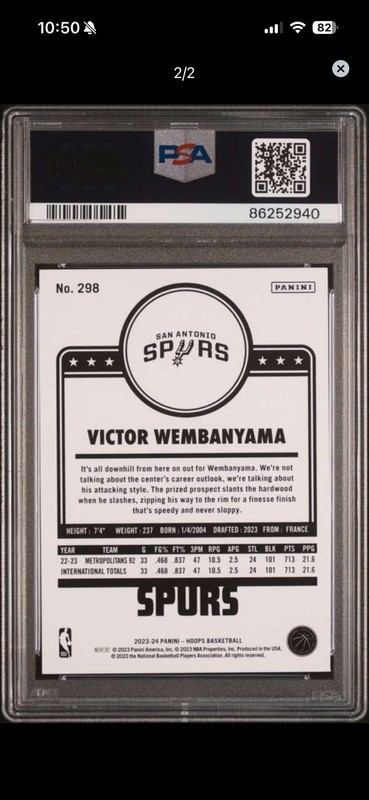 Victor Wembanyama  2023-24 NBA Hoops #298 RC PSA 10 Gem Mint Rookie Card Spurs view 2