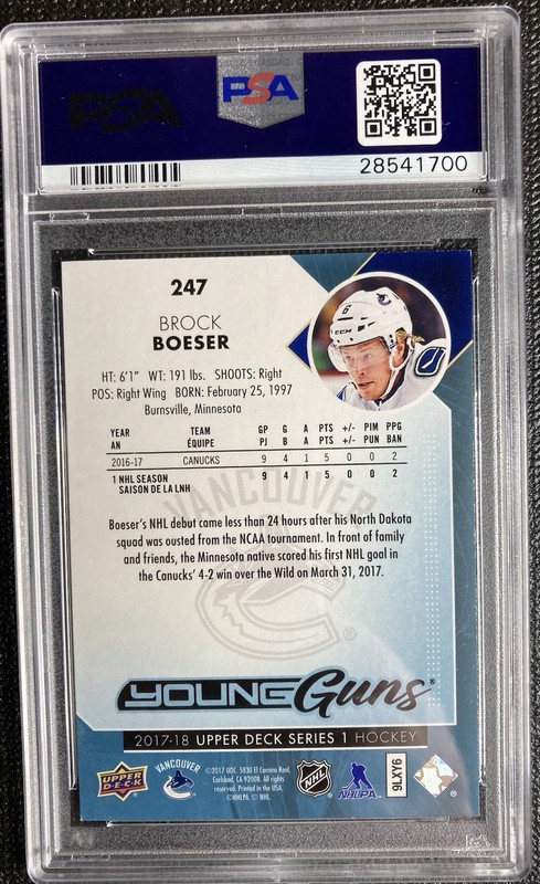 2017-18 upper deck BROCK BOESER #247 Rookie (RC) YOUNG GUNS PSA 10 view 2