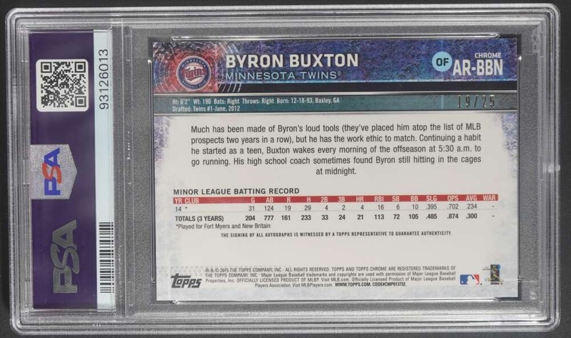 2015 Topps Chrome Byron Buxton Rookie Auto Orange Refractor /25 PSA 10 DA1472 view 2