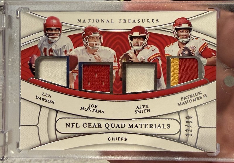 Patrick Mahomes Joe Montana 2021 NATIONAL TREASURES GEAR QUAD 2CLR PATCH /99