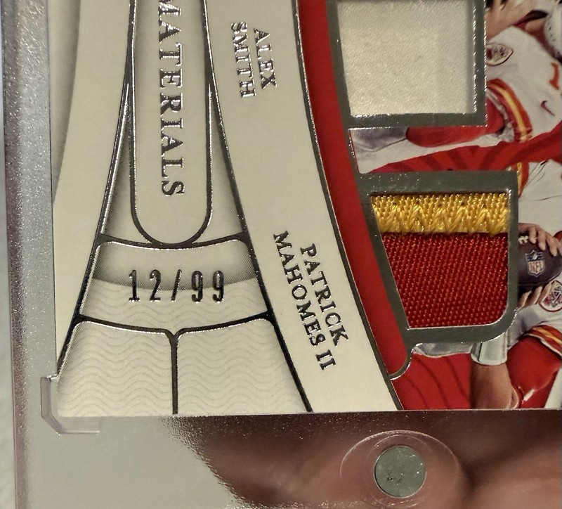 Patrick Mahomes Joe Montana 2021 NATIONAL TREASURES GEAR QUAD 2CLR PATCH /99 view 2