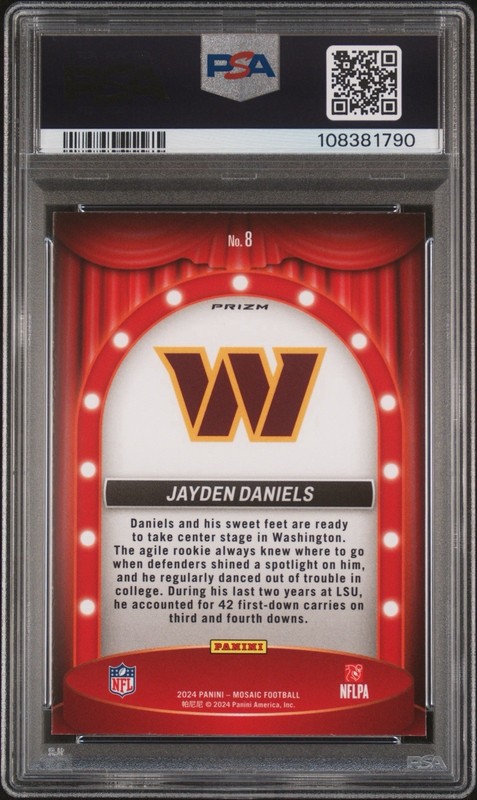 2024 Mosaic Football Jayden Daniels Prizm Center Stage Silver PSA 5 Commanders view 2