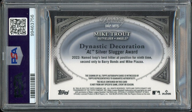 2023 Topps Dynasty Mike Trout Patch Auto /10 Los Angeles Angels PSA 10 Gem Mint view 2