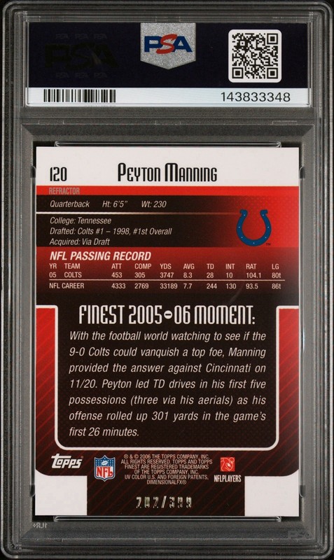 2006 Topps Finest #120 Peyton Manning Refractor /399 Colts HOF - PSA 9 view 2