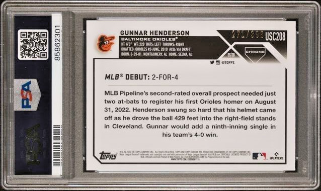 2023 Topps Chrome Upd Rookie /399 Magenta #USC208 Gunnar Henderson RC SP PSA 9 view 2