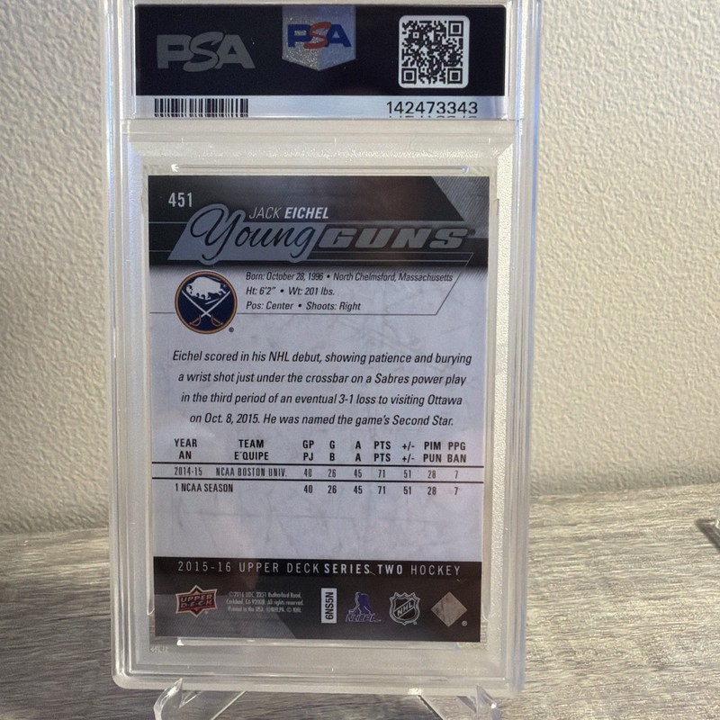 Jack Eichel 2015-16 Upper Deck Young Guns #451 PSA 9 MINT RC Rookie D070 view 2