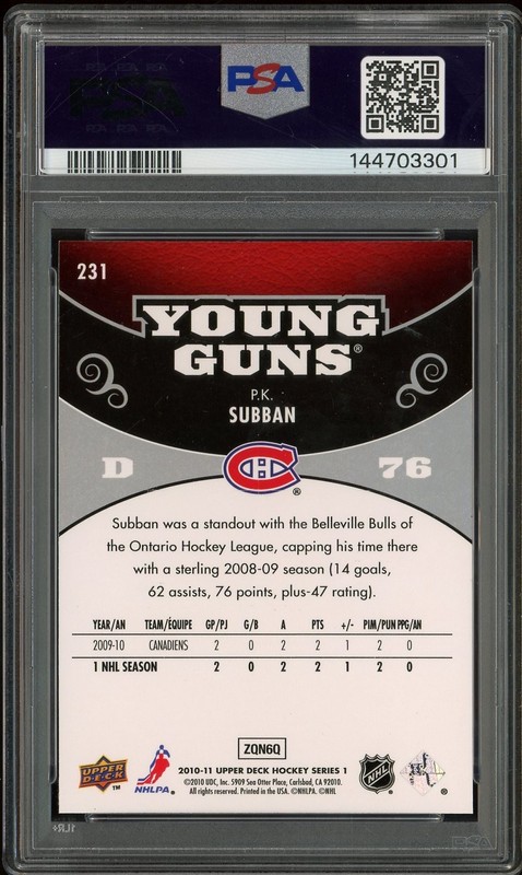 2010-11 Upper Deck Young Guns #231 P.K. Subban RC PSA 8 view 2