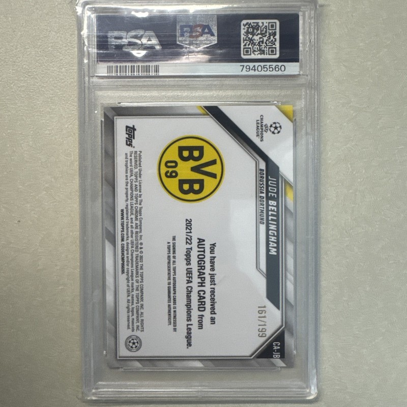 2021-22 Topps Chrome Jude Bellingham Aqua Refractor /199 Auto PSA 10 view 2
