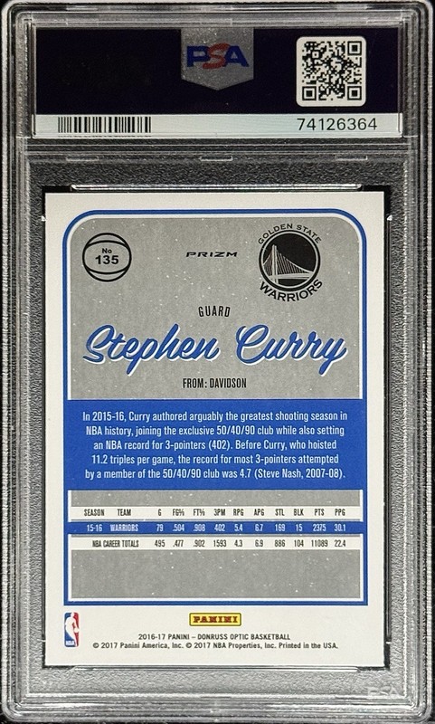 Stephen Curry PSA 10 - 2016 Optic #135 HOLO SILVER PRIZM - Golden State Warriors view 2