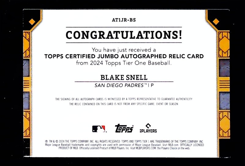 2024 Topps Tier ONE Blake Snell /99 Blue Patch Auto #AT1JR-BS Padres view 2