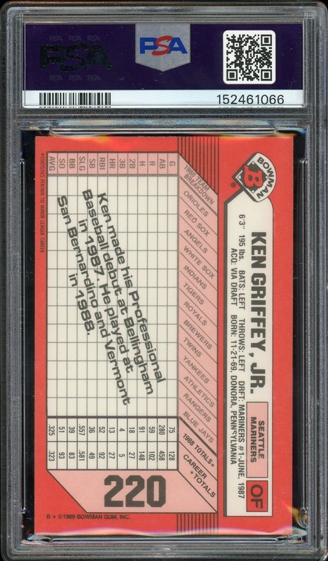 1989 Bowman Tiffany #220 Ken Griffey Jr. Rookie HOF Seattle Mariners PSA 8 NM-MT view 2