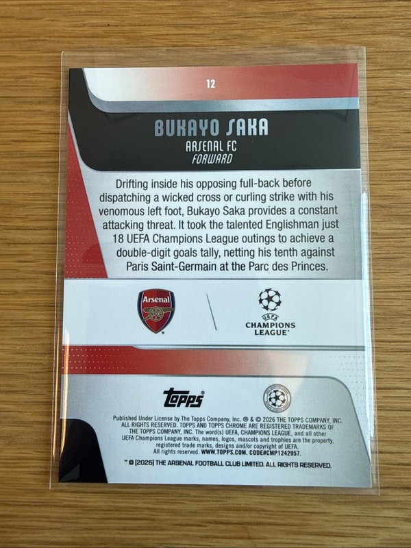 Topps 2026 Chrome Bukayo Saka Arsenal UEFA Champions League x-factor view 2