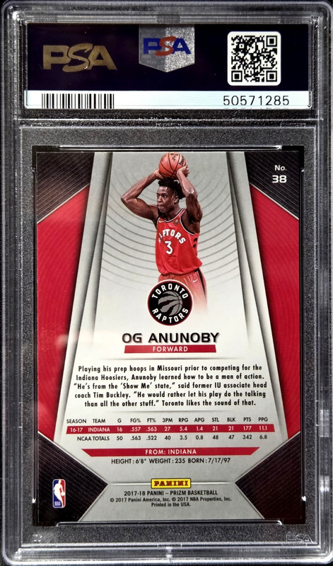 2017-18 Panini Prizm #38 OG Anunoby Rookie Card PSA 9 Mint Raptors RC view 2
