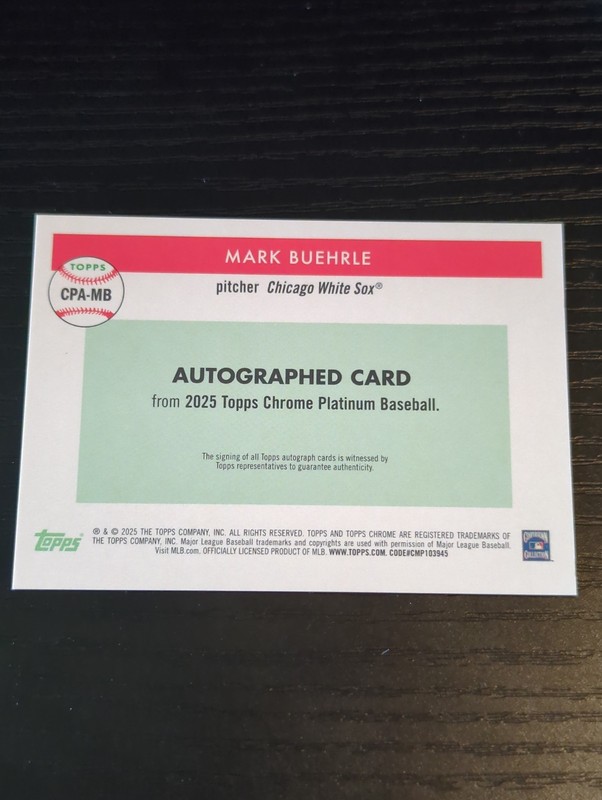 2025 Topps Chrome Platinum- Mark Buehrle Auto /50 Gold Chicago White Sox CPA-MB view 2