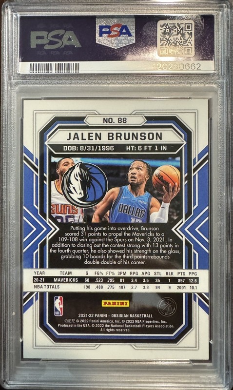 2021-22 Panini Obsidian Jalen Brunson White E-E Contra /3 #88 Knicks Mavs PSA 10 view 2