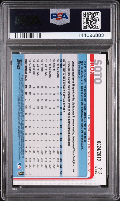 2019 Topps #213 Juan Soto Batting Gold Rookie Cup /2019 PSA 10 GEM MINT view 2