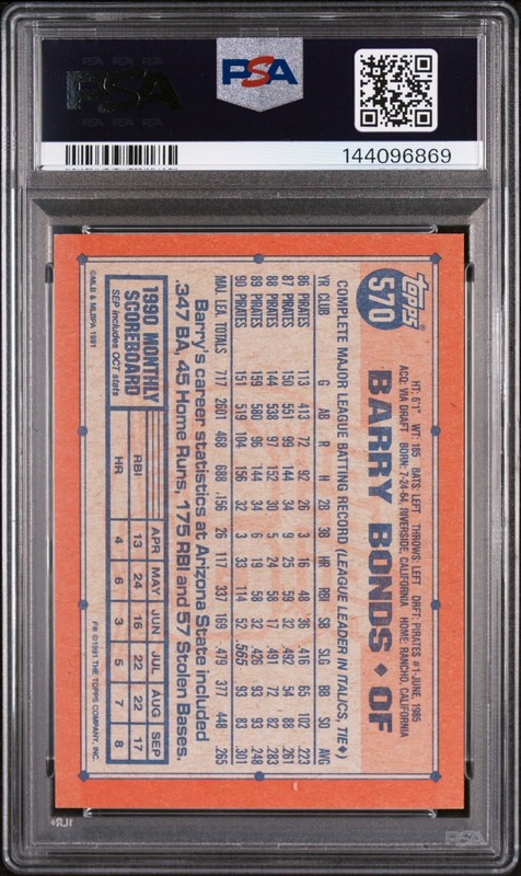 1991 Topps Desert Shield Barry Bonds #570 PSA 8 NM-MINT view 2