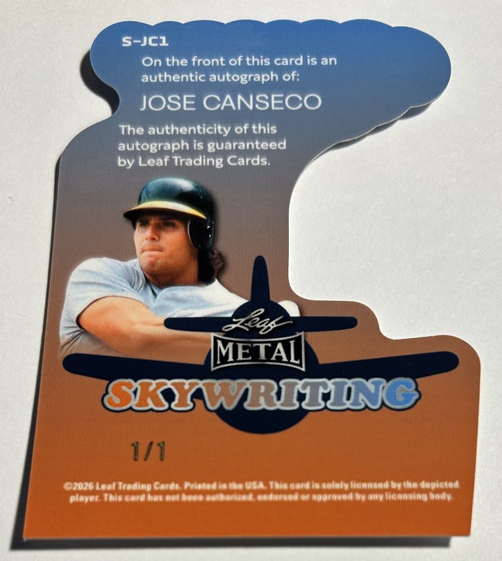 2026 Leaf Metal Baseball JOSE CANSECO A's Skywriting Diecut Autograph Auto 1/1 view 2
