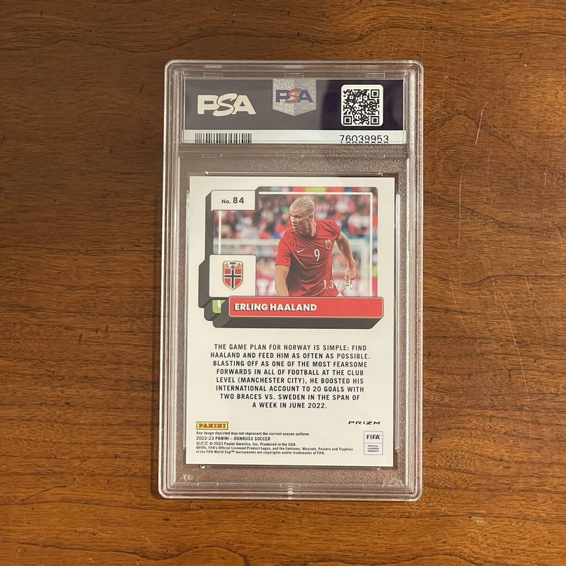 2022-23 Panini Donruss - Erling Haaland #84 Optic Purple Mojo Prizm /25 PSA 10 view 2