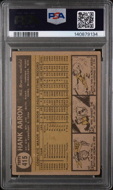 HANK AARON 1961 TOPPS PSA 3 ! *FRESHLY GRADED ! *DEAD CENTERED BEUATY FRONT/BACK view 2