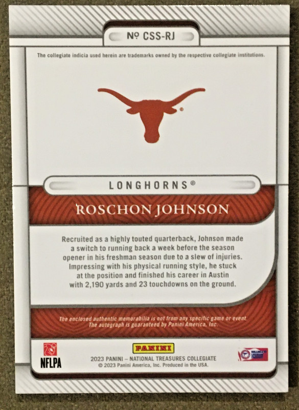 2023 National Treasures Sillouettes Auto 7/11 RC Roschon Johnson Texas Longhorn view 2