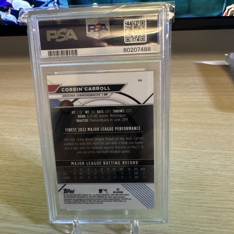 2023 Topps Finest Corbin Carroll Rookie PSA 9 Sky Blue Refractor /300 view 2