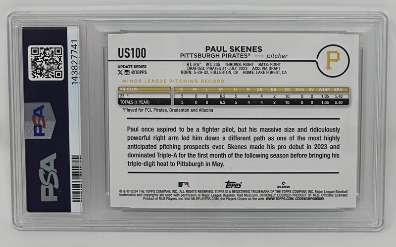 Paul Skenes 2024 Topps Update Rookie Card RC #US100 PSA 10 GEM MT Pirates view 2