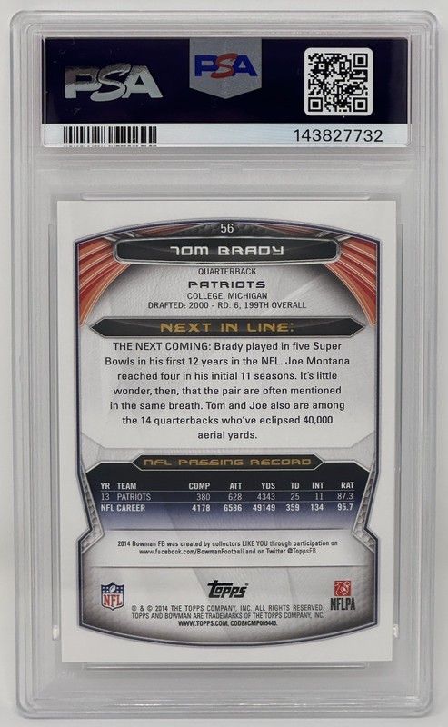 Tom Brady 2014 Bowman #56 PSA 10 GEM MT New England Patriots view 2