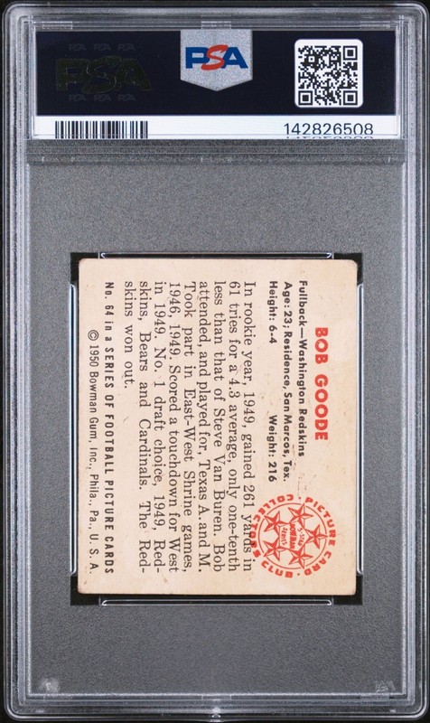 1950 Bowman Rob Goode Rookie Auto #64 PSA 1 / 6 - Washington Redskins - POP 1! view 2