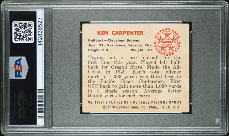 1950 Bowman Ken Carpenter Rookie Auto #115 PSA 4.5 / 9 - Cleveland Browns view 2