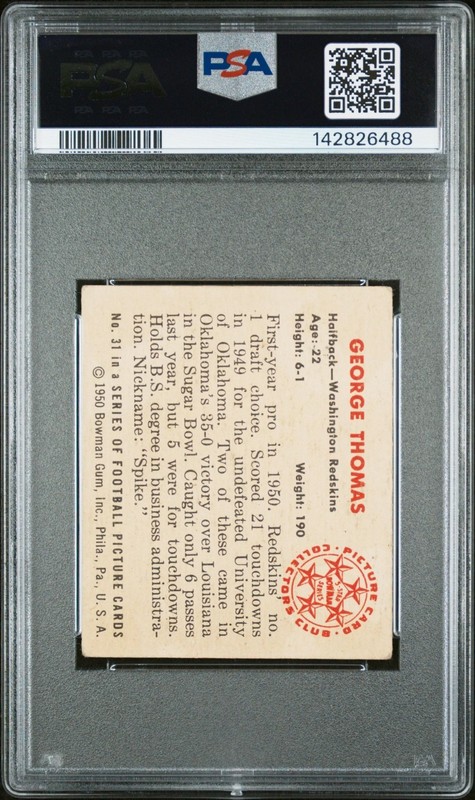 1950 Bowman George Thomas Rookie Auto #31 PSA 3 / 6 - Washington Redskins view 2