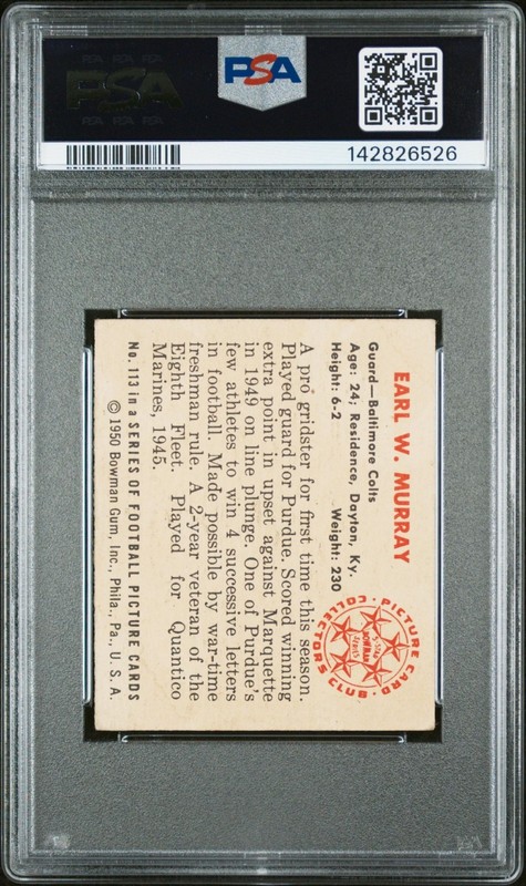1950 Bowman Bill Murray Rookie Auto #113 PSA 4 / 8 - Baltimore Colts - POP 1! view 2
