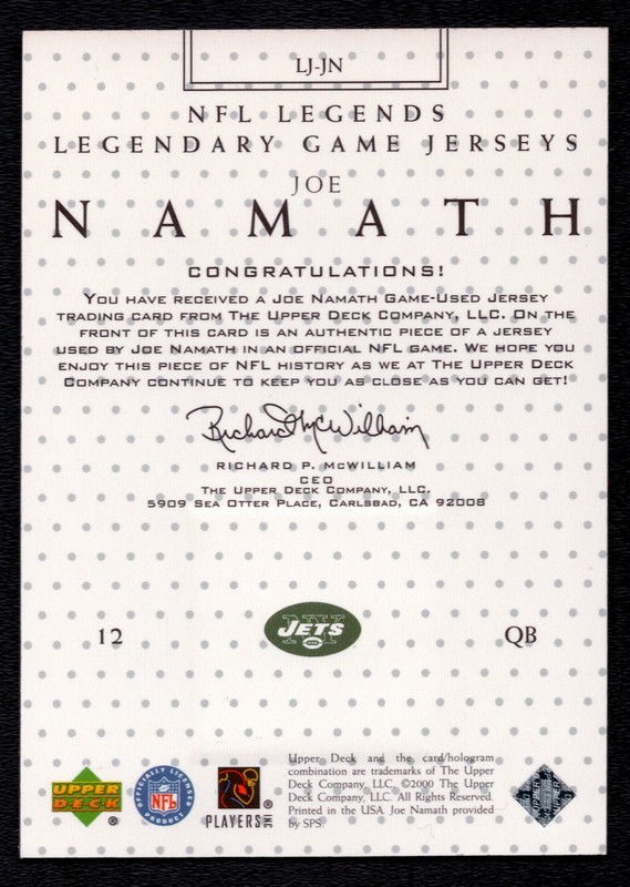 Joe Namath 2000 Legends Legendary Game Jerseys GAME USED Relic LJ-JN Jets HOF QB view 2